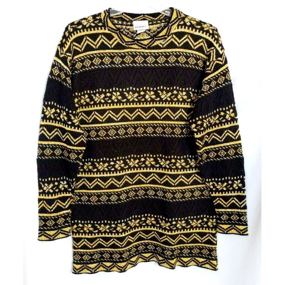 Units Limited Edition Black Gold Metallic Fair Isle Lurex Sweater M VTG 1994 USA